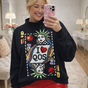 QUEEN OF SPARKLES Black New York City Queen Card Mock Neck Sweatshirt